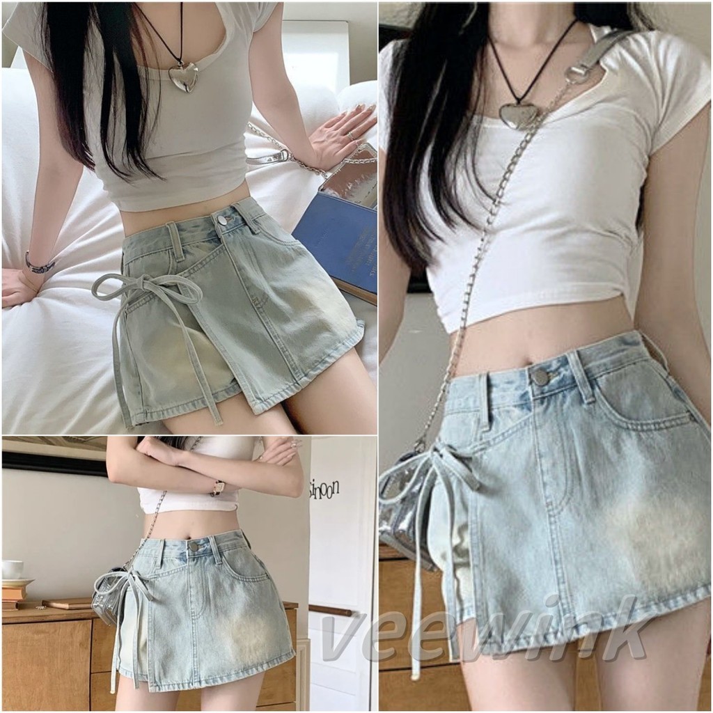 Veewink พร้อมส่งจากกทม กางเกงยีนส์ขาสั้นเอวสูงใส่สบาย กระโปรงยีนส์สั้น