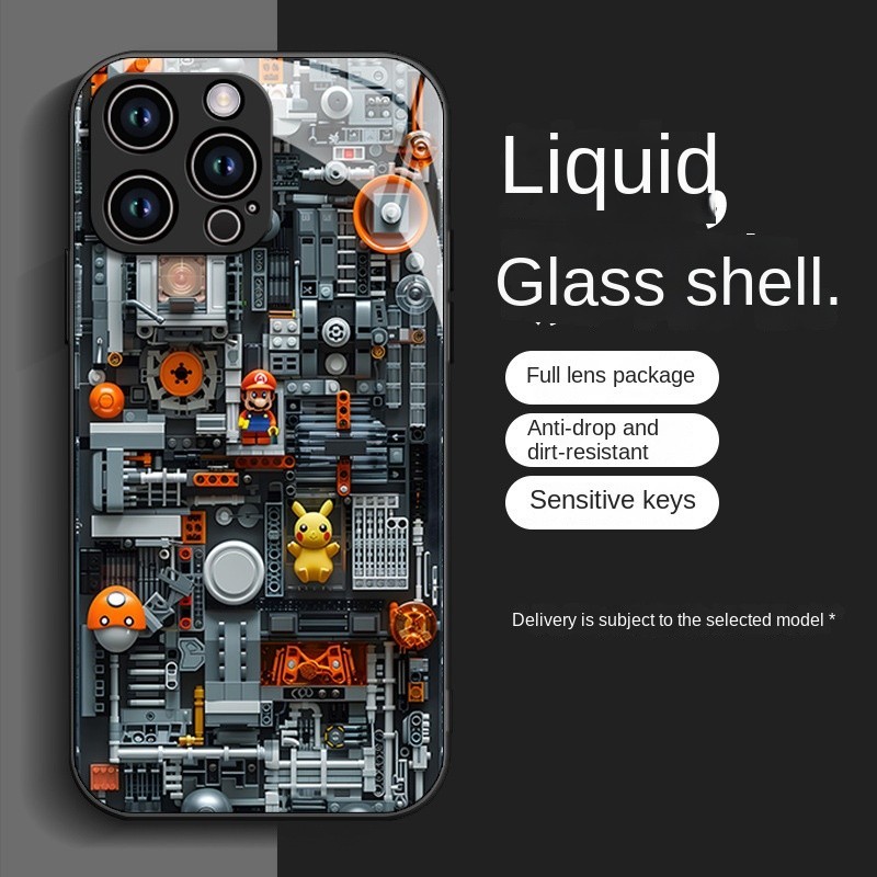 เคสโทรศัพท์การ์ตูนสีดํา Mario building blocks Anti Fall Protector ฝาครอบกระจกนิรภัยสําหรับ iPhone 15Pro 15 14 8 7 Plus 13 12 Mini 11 Pro Max X XR XS15Plus 14Plus 16ProMax