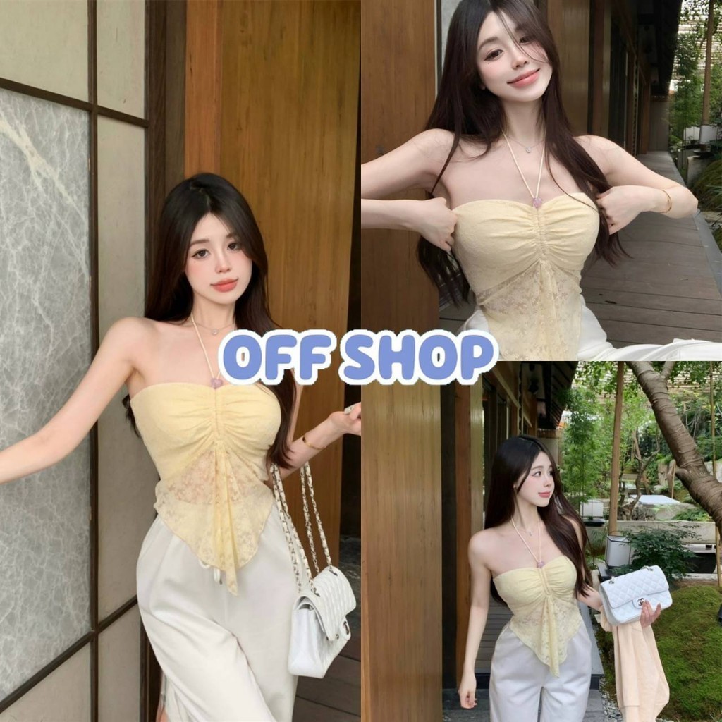 OFF SHOP 🥻 เสื้อเกาะอกไหมพรม แต่งสายคล้องคอน่ารักคิคุ  ทรงรัดตัว สีครีม"Y0907"
