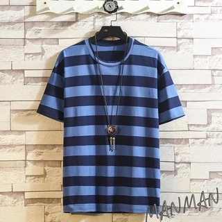 MANMAN เสื้อเชิ้ตแขนสั้นลายทางหนา ใส่ได้ทั้งชายและหญิง เสื้อยืดคอกลมลายทาง