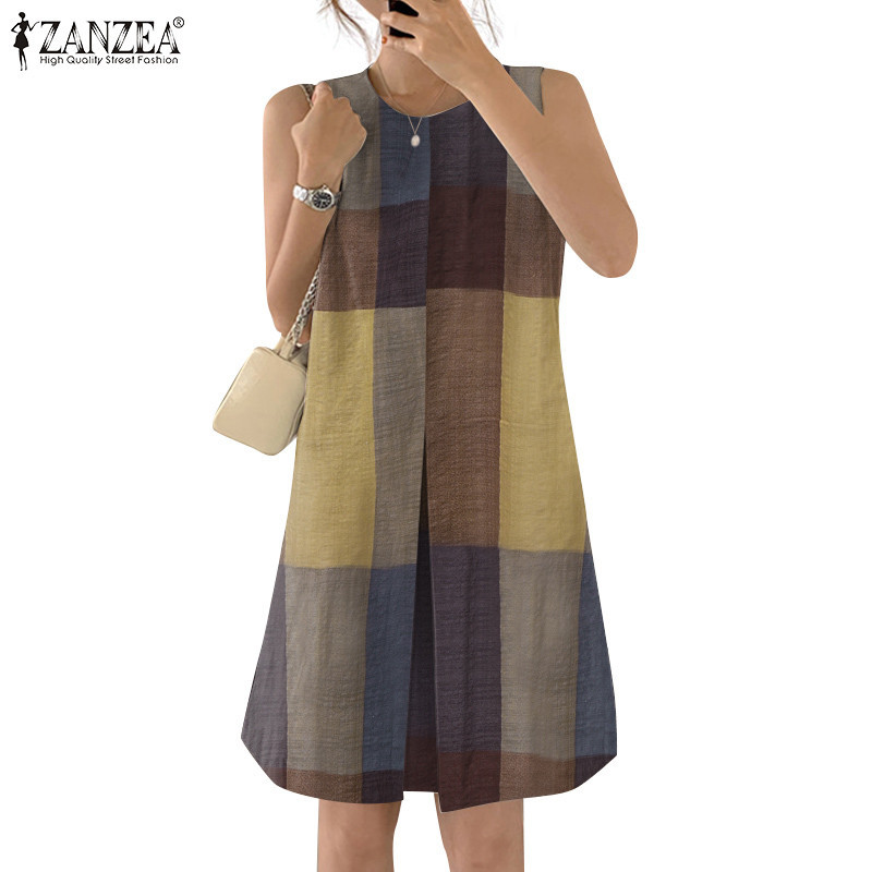 ZANZEA ซานเซีย ผู้หญิงเกาหลีแฟชั่นเข่าความยาวจีบรอบคอแขนกุดชุด