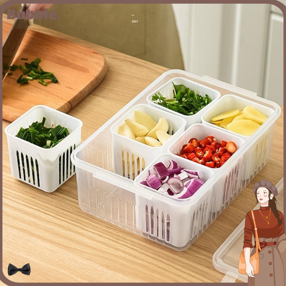 Bubble กระเทียมกล่องเก็บของสด Double-layer หกกริด Multi-function ท่อระบายน้ํากล่องเก็บ Gadget ครัวปิดผนึกกล่องเก็บอาหารกล่องผักพร้อมฝาปิด