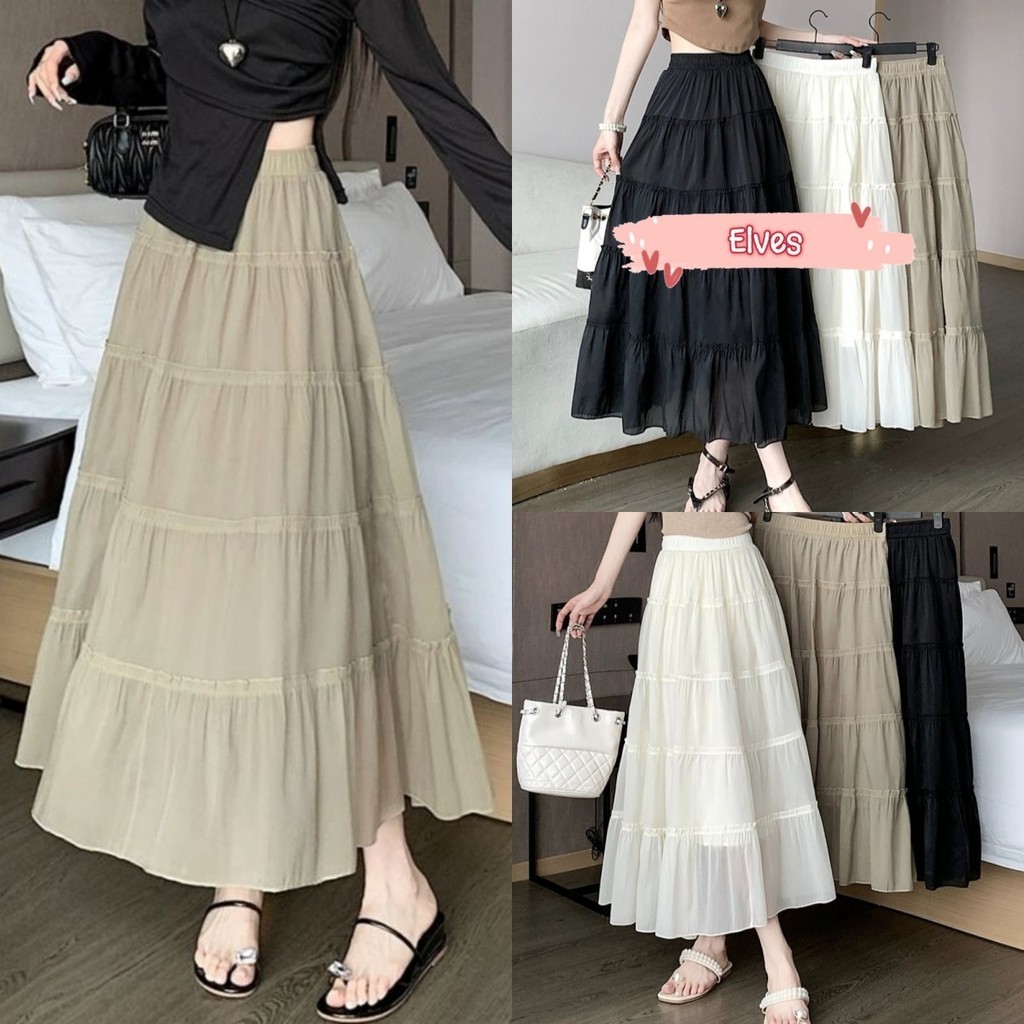 Elves พร้อมส่ง กระโปรงยาว เอวกลาง สไตล์เกาหลี ~7313~
