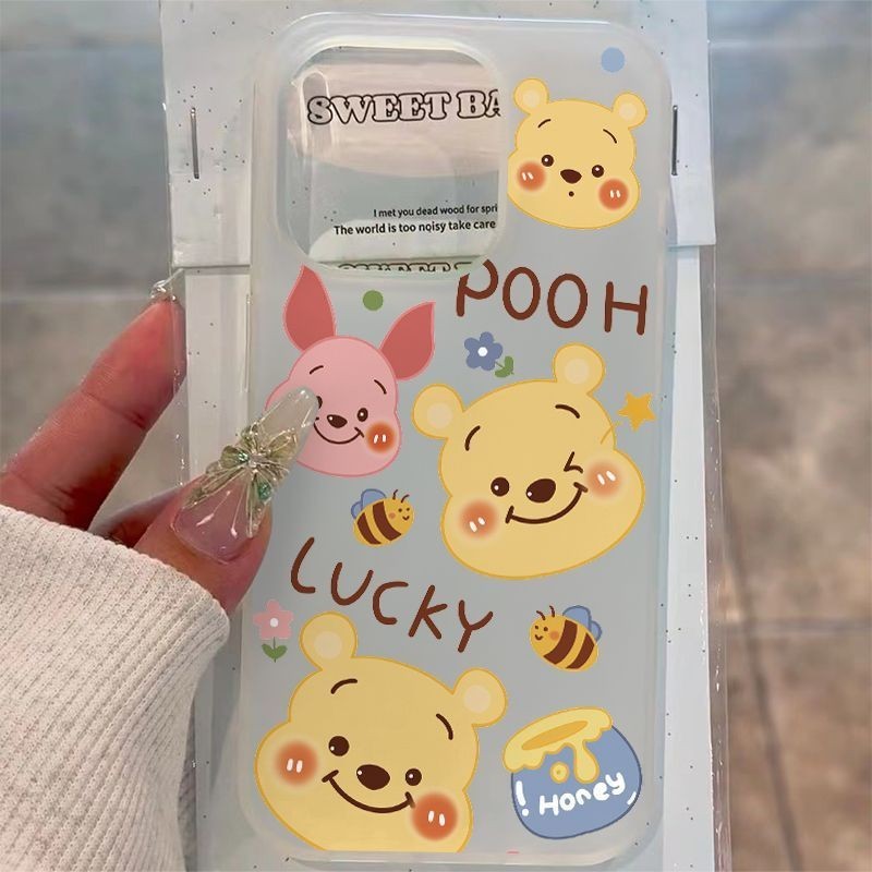 แหวนสีชมพูกรอบสีชมพู Piglet Pooh รูปแบบ Frosted ซิลิโคนใสเคสโทรศัพท์แบบนุ่มเหมาะสําหรับ iPhone x/xs/xr/xsmax/7/8plus/11Promax/12/13/14Promax/15 Shock-resistant รวมทุกอย่างป้องกันกรณี