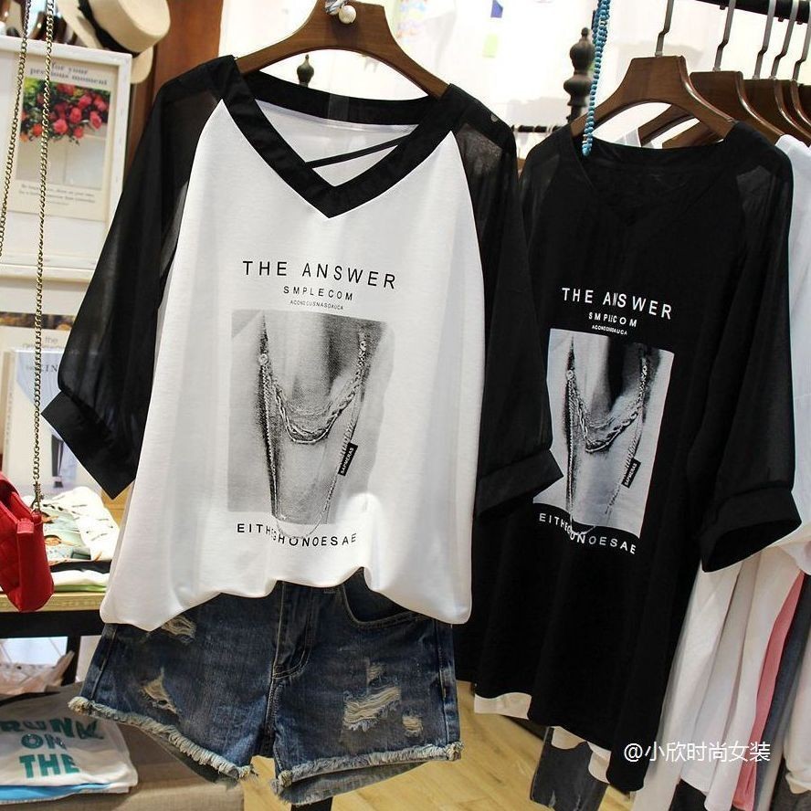 Oversize Tops(40-150kg) เซ็กซี่พิมพ์บาง Tshirt Plus ขนาด Splicing แขนสั้น See-through T เสื้อ
