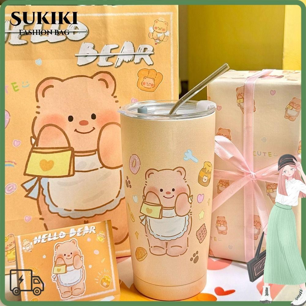 ซูกิกิ หมีเนย จิบ ถ้วย,การ์ตูน600มลแก้วน้ําสแตนเลส,แบบพกพาน่ารักปฏิบัติถ้วยน้ําแข็งของขวัญวันเกิด
