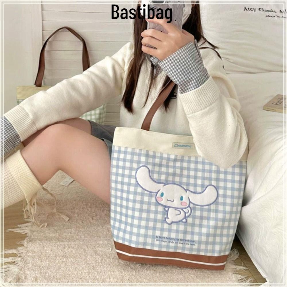 กระเป๋าโท้ต BASTIBAG, กระเป๋าสะพายลายการ์ตูน Kuromi โพลีเอสเตอร์, กระเป๋าถือนักเรียนสีตัดกันลายสก๊อตความจุขนาดใหญ่ Kawaii