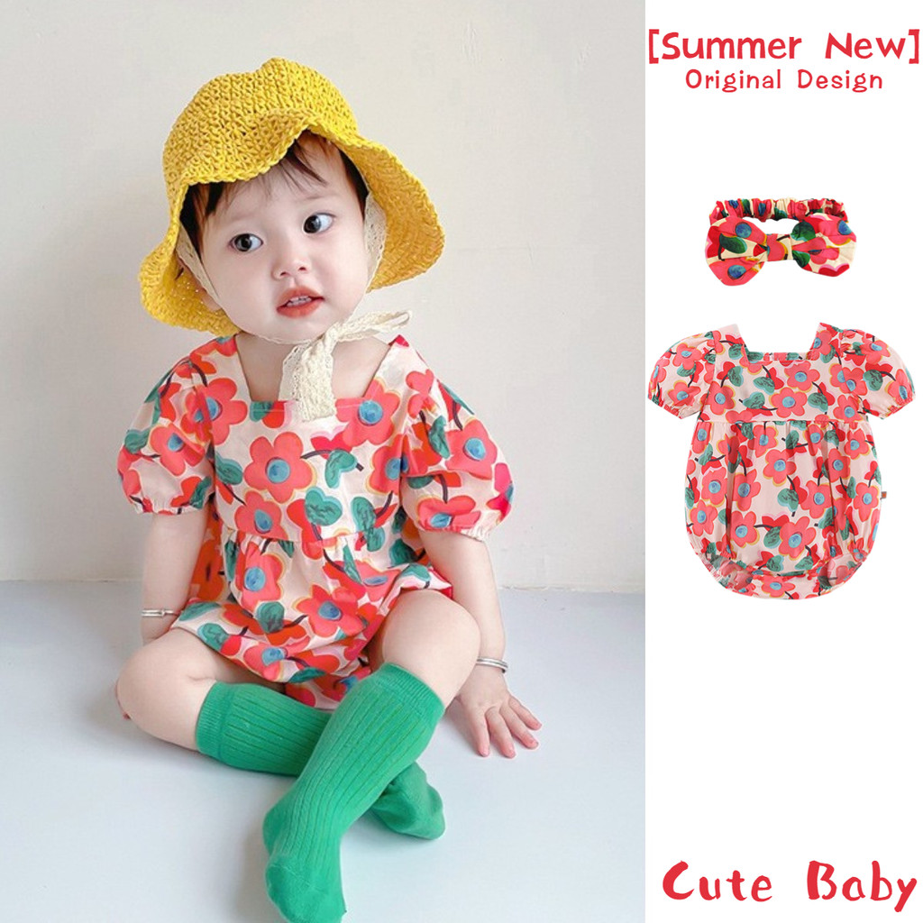 ฤดูร้อนใหม่เสื้อผ้าเด็กสาวแขนสั้นบางบอดี้สูทกับแถบคาดศีรษะ0-24เดือนแสงและระบายอากาศหวานเต็มรูปแบบของดอกไม้ ชุดรอมเปอร์ สไตล์เกาหลี
