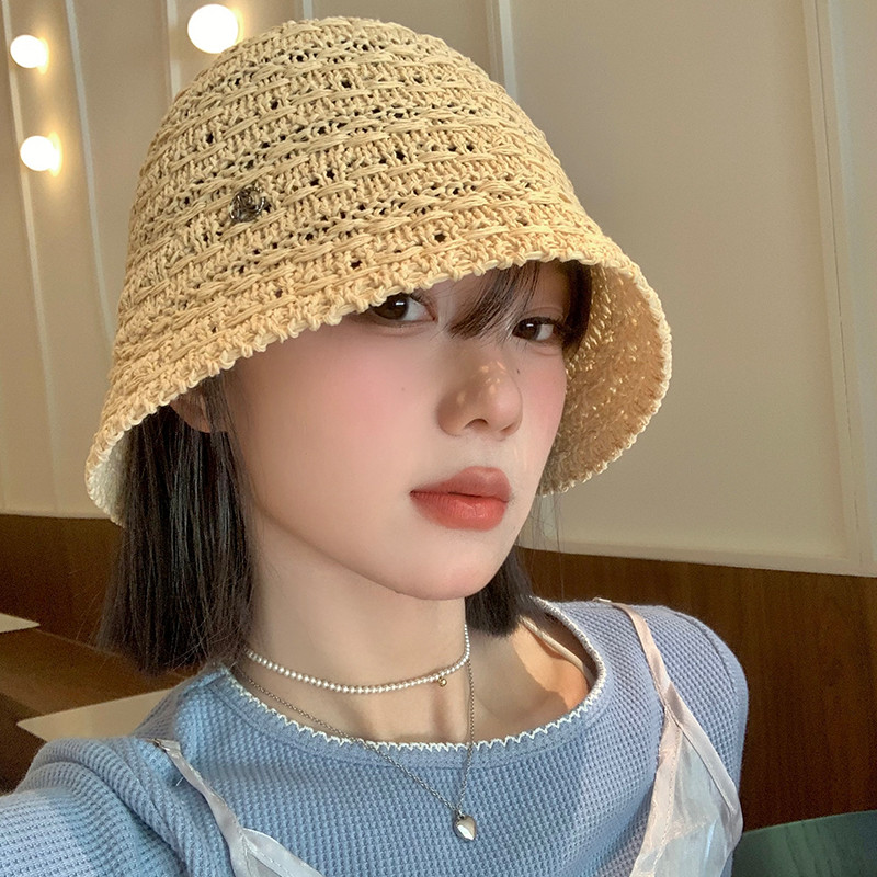 ฝรั่งเศสกลวงทอริมทะเลหมวกฟางผู้หญิงฤดูร้อนปีกใหญ่ครีมกันแดดหมวกเส้นรอบวงหัวใหญ่พับถังหมวกอินเทรนด์