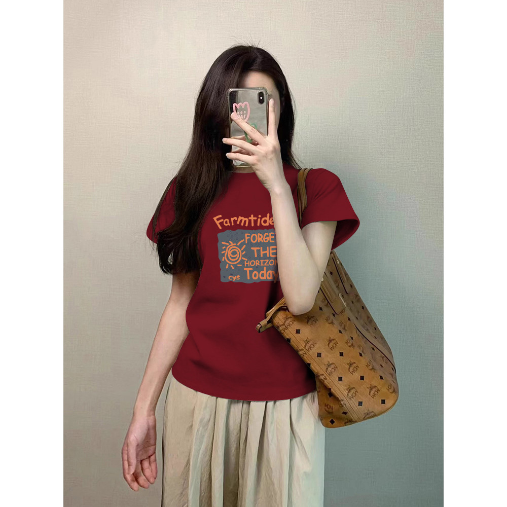 【My-T】🎀เกาหลีสไตล์ แขนสั้น เสื้อครอป เอวคอดสุด แต่งย่นข้าง เสื้อ baby teeพิมพ์ลาย “FARMTIDEN”โคตรนุ่ม เสื้อยืดผู้หญิง