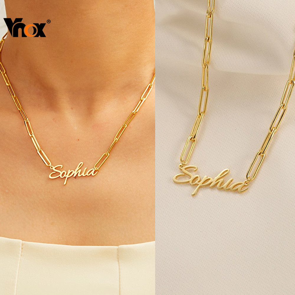 VNOX วีน็อกซ์ ที่กําหนดเองส่วนบุคคลคลิปหนีบกระดาษชื่อสร้อยคอผู้หญิงสแตนเลสสีทองสร้อยคอจี้เค้นคอเครื่