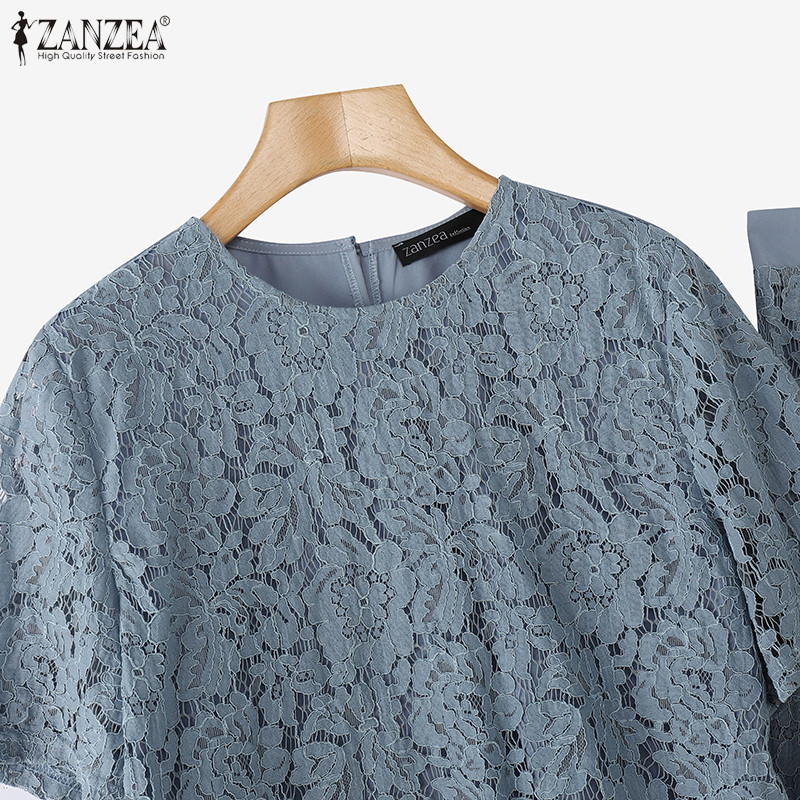 Zanzea ผู้หญิงแขนสั้นลําลองลูกไม้ Patchwork A-Line กระโปรงฤดูร้อนชุดสองชิ้น — صورة 7