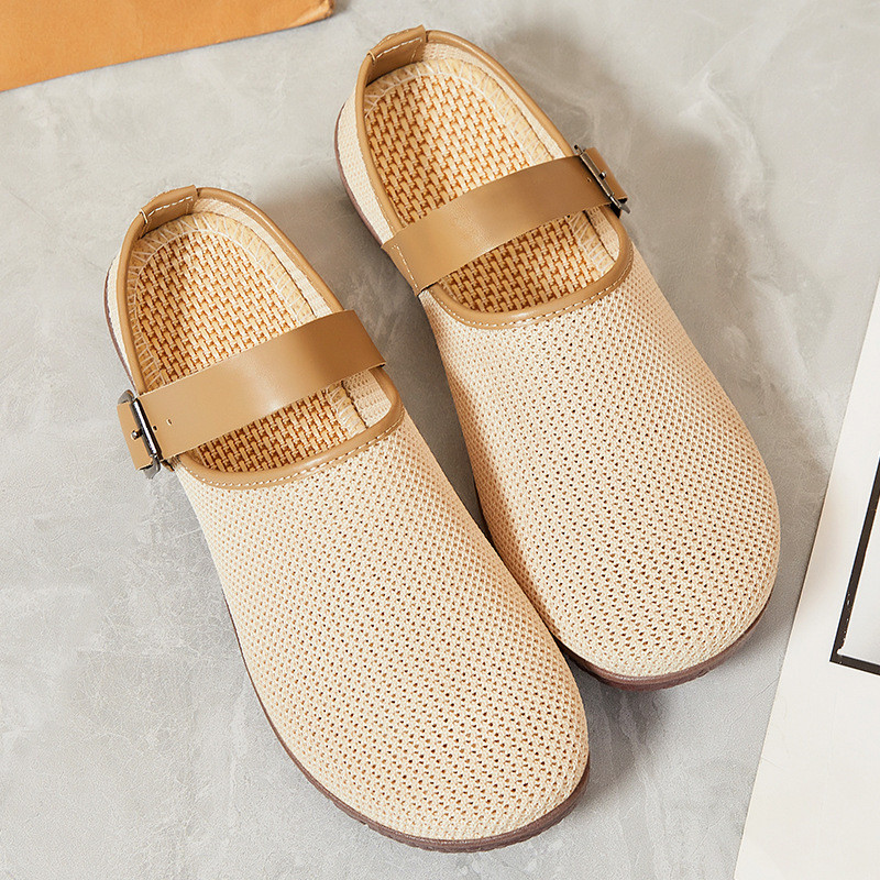 IELGY 2025 ผู้หญิงแอปริคอทสไตล์ฤดูใบไม้ผลิอเนกประสงค์ Retro Soft-soled รองเท้าแตะ Ins รองเท้าแตะลําลองตาข่าย