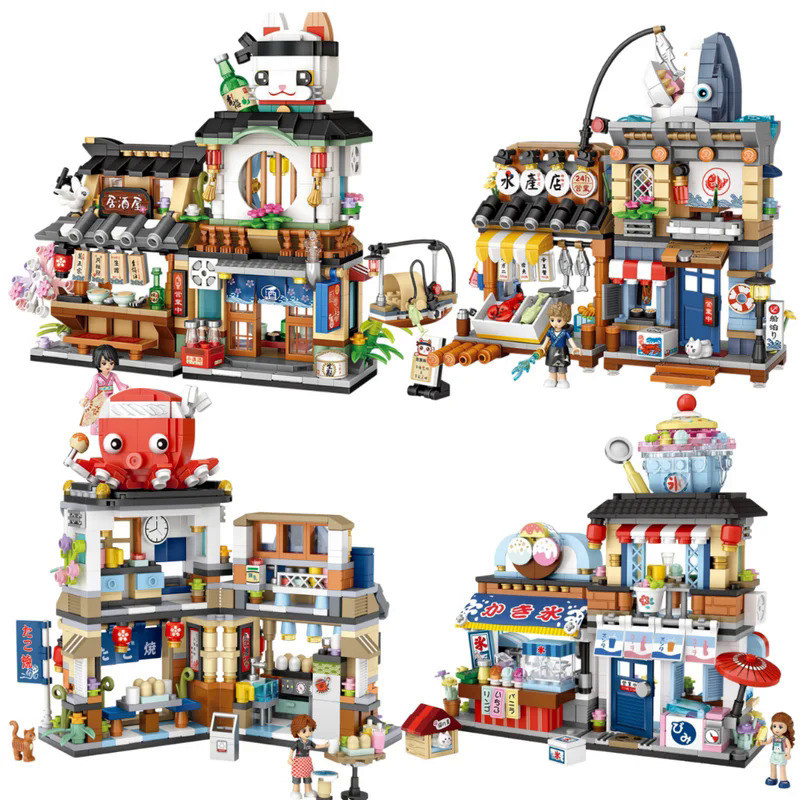 LOZ Japanese Mini Block Street View Folding Food Street Octopus Barbecue Ice Shop Assembly Building 