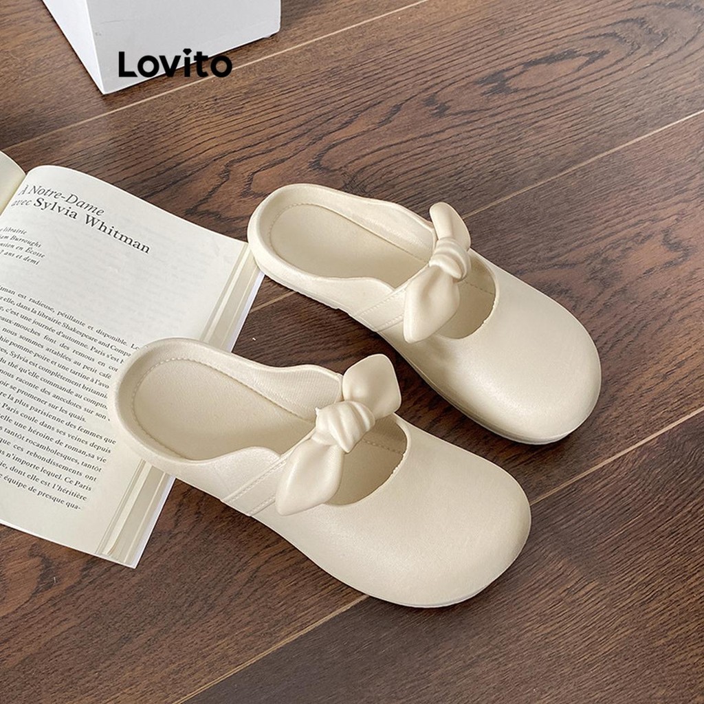 Lovito รองเท้าแตะผู้หญิง ส้นเตี้ย แต่งปม สีเรียบ สไตล์น่ารัก LFA28042
