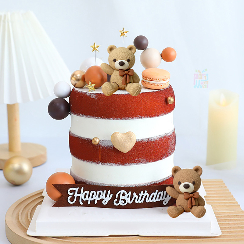 Light Cocoa Brown Bear เค้ก Topper ตกแต่งเค้ก Boho Ball Topper สําหรับวันเกิดตกแต่งครบรอบ