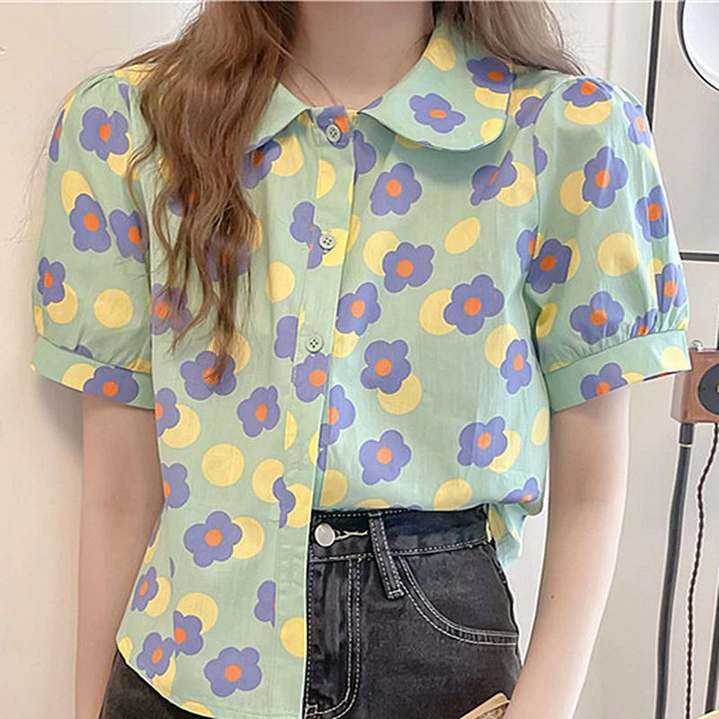 เสื้อเชิ้ตแขนสั้นลายดอกผ้าชีฟองทรงตุ๊กตาย้อนยุค thumbnail 5