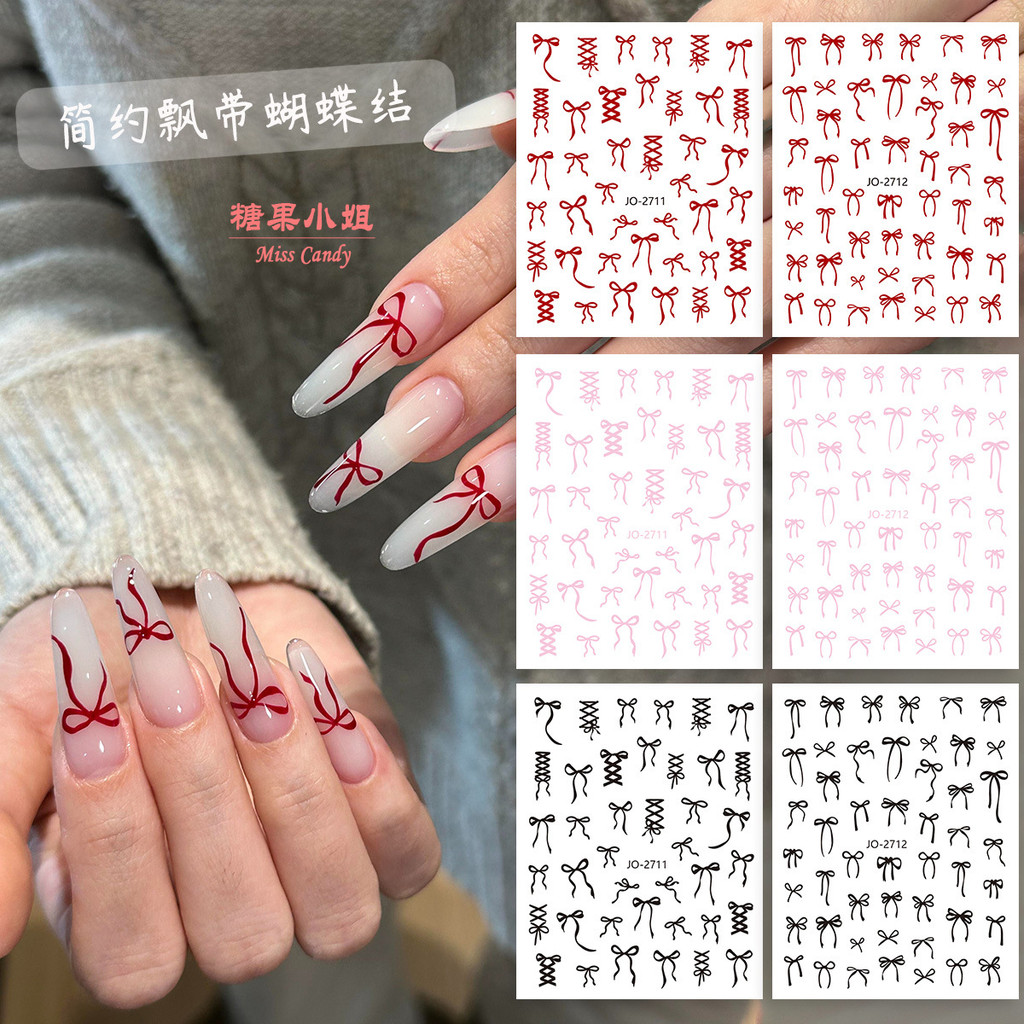 สติกเกอร์แต่งเล็บ หูกระต่ายสวมใส่เล็บแพทช์สติกเกอร์เล็บที่มีกาวบางเฉียบสีแดงสีชมพูสีดําตกแต่งเล็บ