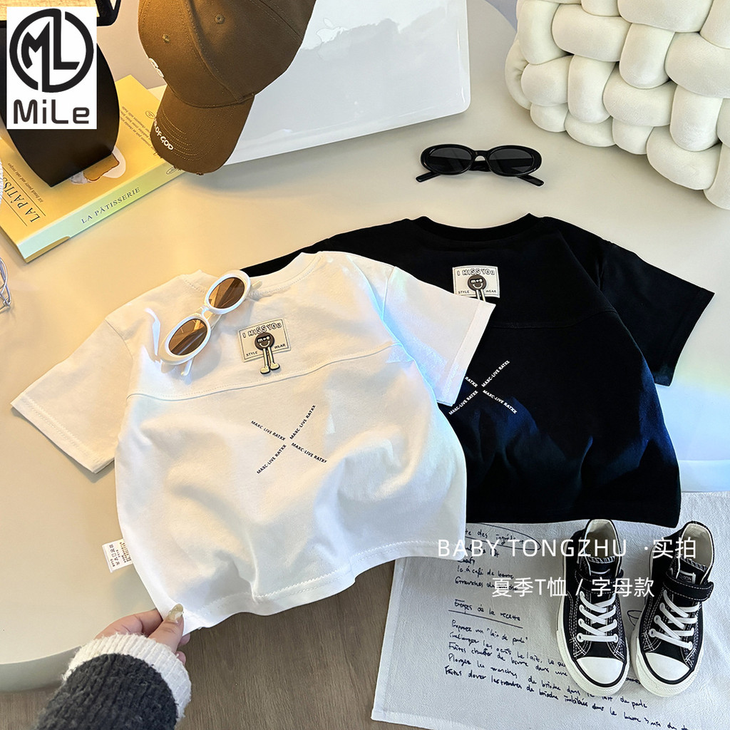 [มล] 73-150ซม เด็กฤดูร้อนผ้าฝ้ายแท้แขนสั้นเย็บเวอร์ชั่นเกาหลีชายหญิงเสื้อแขนสั้นแฟชั่นสีทึบ อภิบาล