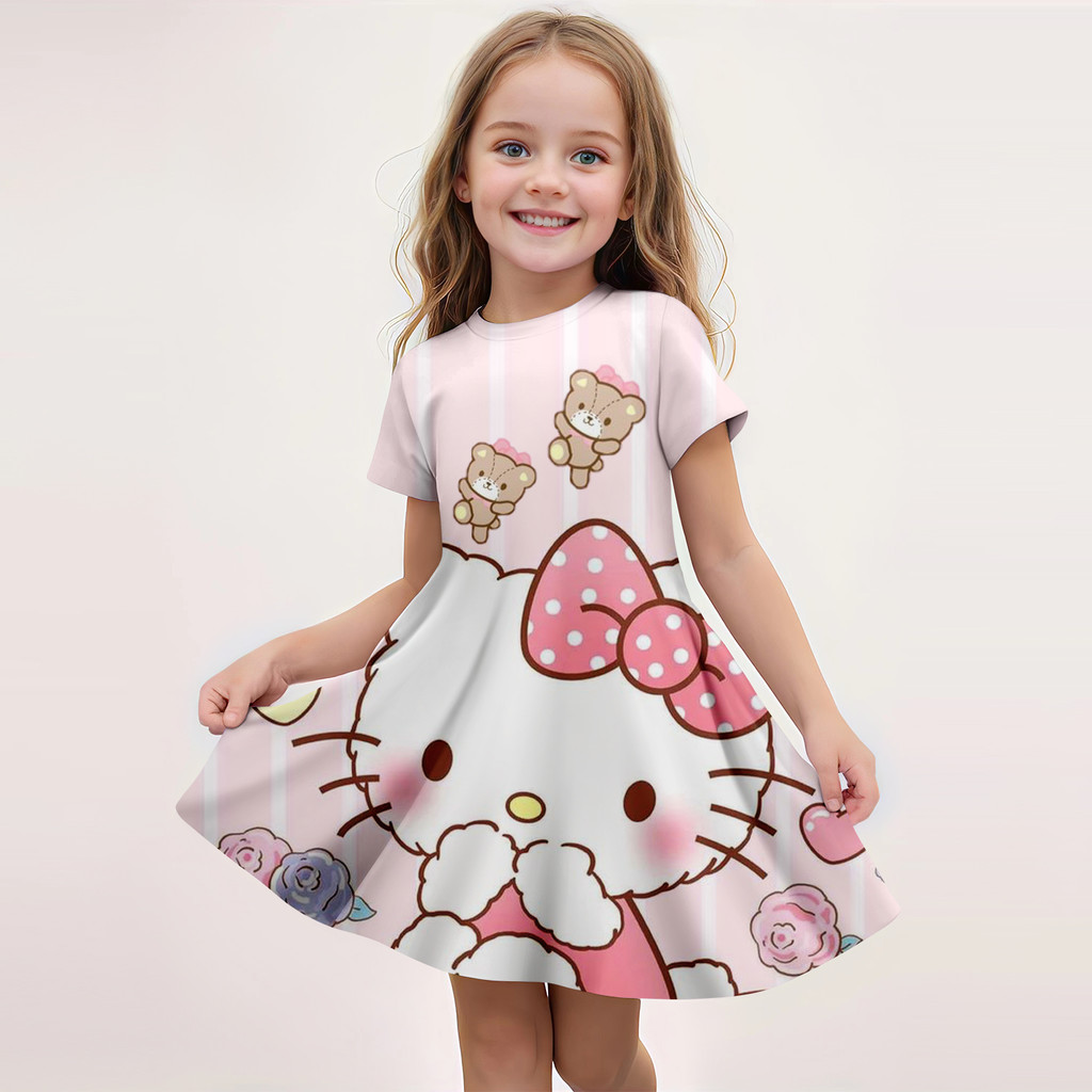 MINISO เป็นที่นิยม มินิโซ เด็กแฟชั่นใหม่สาวชุดการ์ตูนน่ารัก สวัสดี คิตตี้ 3ง พิมพ์ชุดเจ้าหญิงรอบคอบ้านสบาย - รูปที่ 3