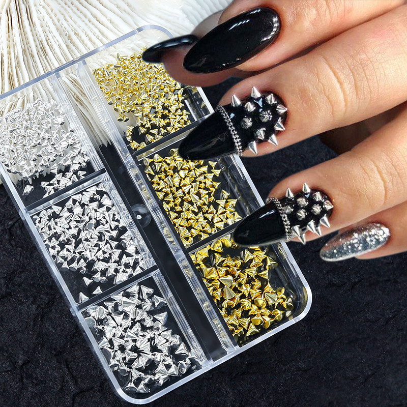 6 กริด Y2K Punk โลหะ Rivet เล็บ Charms ผสม Sized สีดําเงินทองเล็บ Studs 3D สไตล์โลหะผสม Spike เล็บ Decor