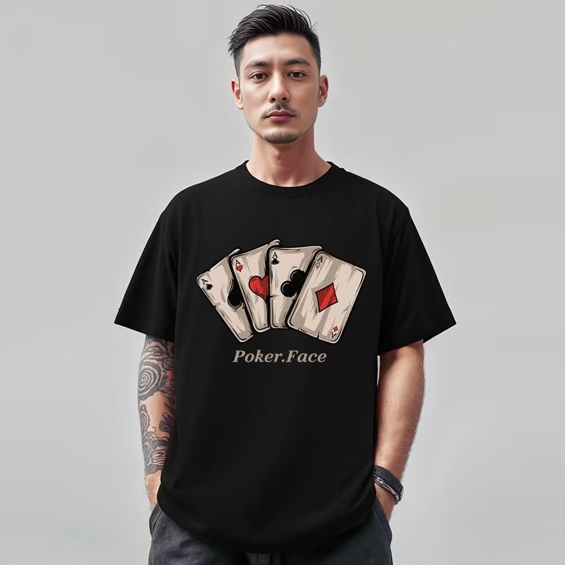 M-8xl Summer Retro Trend Vintage Poker Card พิมพ์รอบคอแขนสั้นเสื้อยืด High Street หลวมเสื้อยืดขนาดให