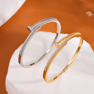 กำไลข้อมือ สร้อยข้อมือ ผู้หญิง ไทเทเนียม ชุบทอง 18k ฝังเพชร CZ สไตล์เกาหลี เครื่องประดับแฟชั่น ไม่ลอกไม่ดำ ของขวัญวันเกิด