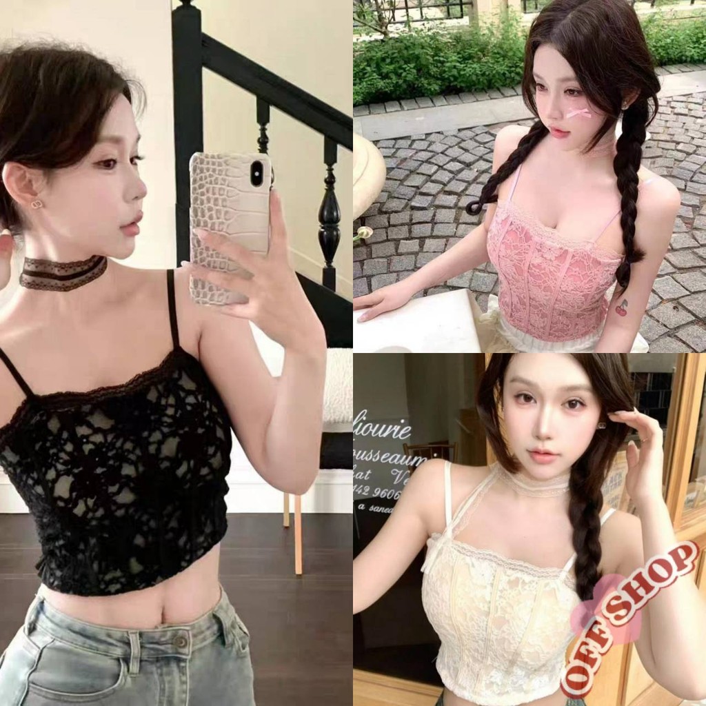 OFF SHOP 🥻ใหม่ 2025 เสื้อสายเดี่ยวลูกไม้ มีฟองน้ำ สีพาสเทลใส่สบาย - FY809