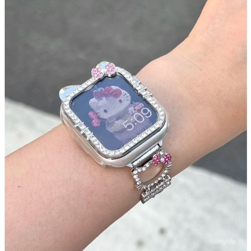 สายนาฬิกาเพชร Kitty น่ารักสำหรับ iWatch Series 9 8 7 6 5 4 3 2 1, se, SE2, Ultra, ultra 2 สายนาฬิกาทันสมัย 38mm 42mm 49mm 41mm 45mm 40mm 44mm สายนาฬิกาแบบห่วง
