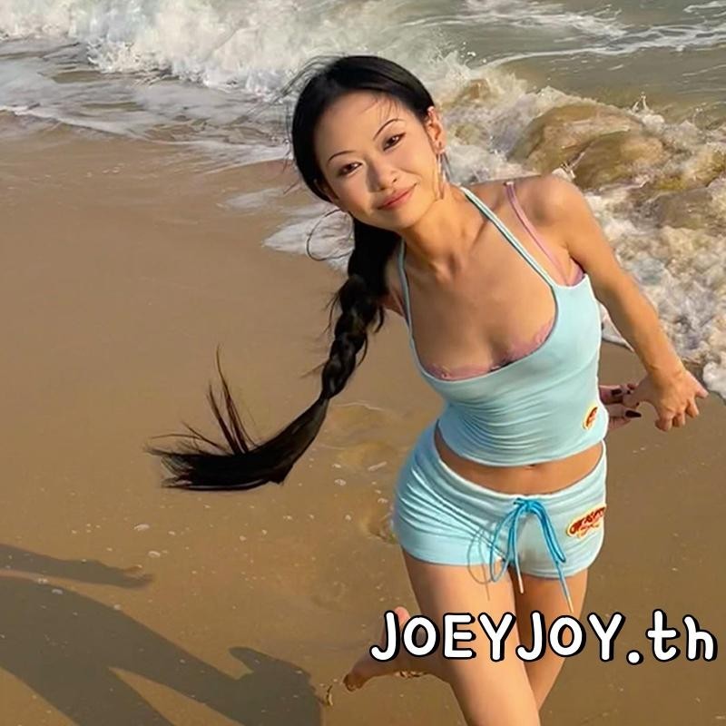 Joeyjoy-ผู้หญิง2ชิ้นฤดูร้อนชุดน่ารักโบว์พิมพ์backless Halter Tank Tops + กางเกงขาสั้นเชือกเสื้อผ้าแฟชั่นStreetwear