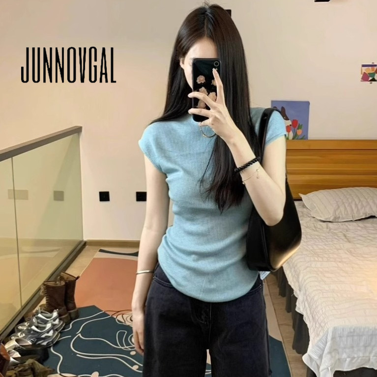 Junnovgal เสื้อยืดคอกลม แขนสั้น สีพื้น สไตล์เรโทร เข้ากับทุกการแต่งกาย สําหรับผู้หญิง 2024