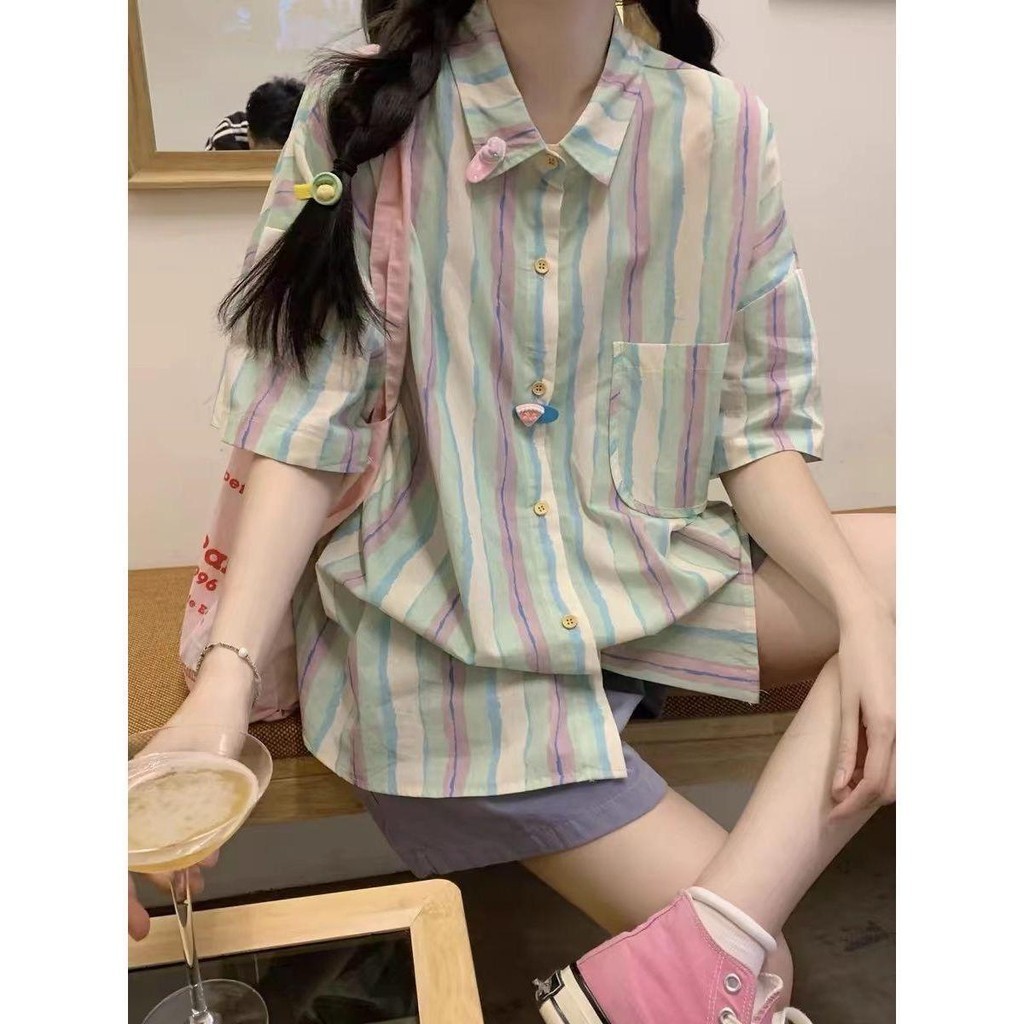 Dahong w358/w600เสื้อเชิ้ตแขนสั้น เสื้อเบลาส์ลําลอง งานคอปก ลายทาง oversize