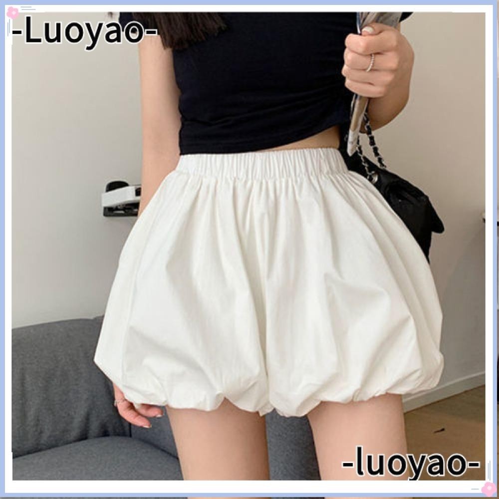 Luoyao กางเกงขาสั้น ทรงเอ เอวสูง ผ้ายืด ทรงหลวม ลายดอกไม้ แฟชั่นสตรี