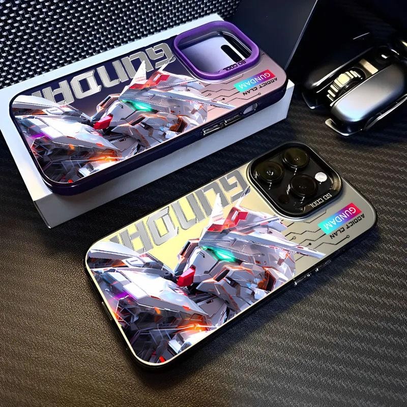 กันดั้มปุ่มโลหะปลอกเงินสีสันสดใสสําหรับ IPhone 11 12 13 Pro Max X XS XR XSMAX 7 8 Plus SE 2 3 14 เลเซอร์ Matte อะนิเมะ Hard Cool การ์ตูนแนวโน้มยี่ห้อเคสโทรศัพท์