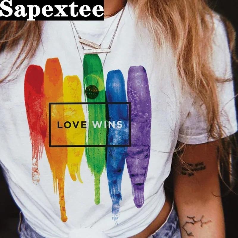 Lgbt เสื้อยืดลําลอง แขนสั้น พิมพ์ลาย love Wins love is love สีรุ้ง สําหรับสตรี