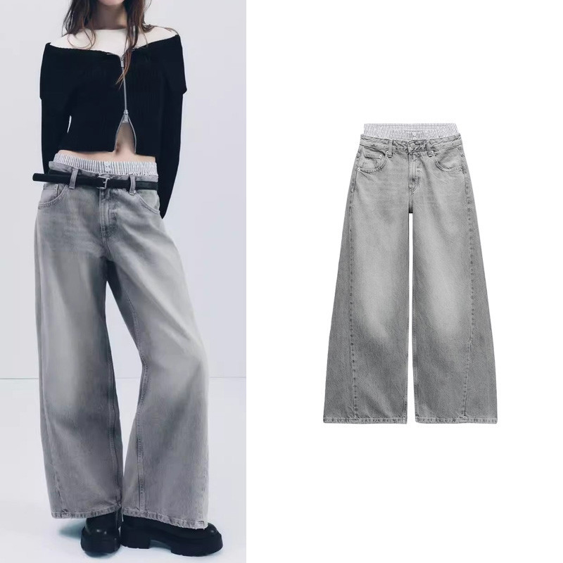 Zara กางเกงบ็อกเซอร์ เอวต่ํา สีเทาอ่อน แต่งดีเทลกางเกงยีนขากว้าง 5520019