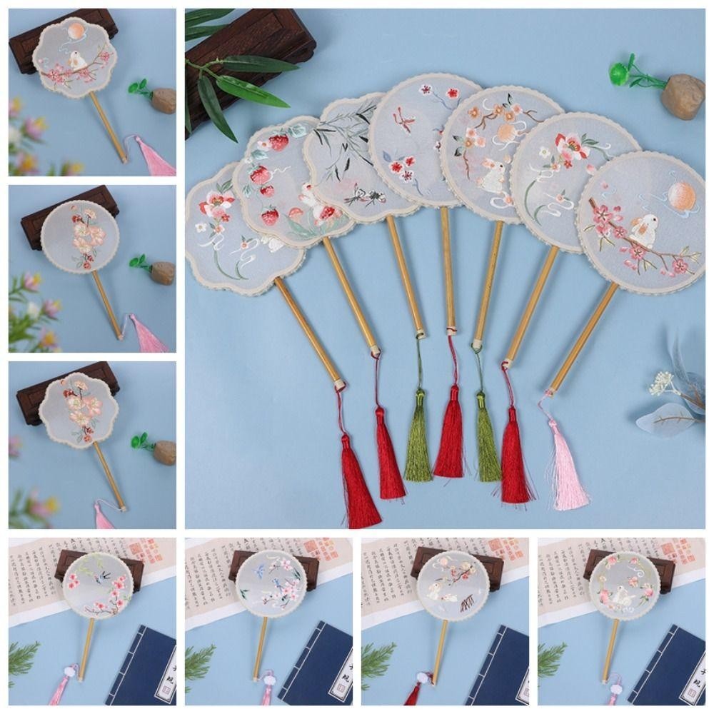 แฟชั่นเดน พัดลมทรงกลม,พัดลมผ้าไหมกึ่งโปร่งใสปัก,ตกแต่งบ้านสองด้านวินเทจกับพู่พัดลมมือผู้หญิง - รูปที่ 4