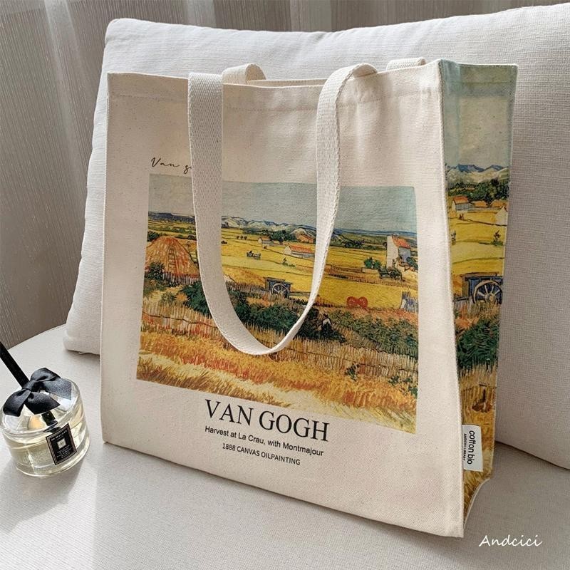 ANDCI@ Van Gogh Museum Tote กระเป๋าฤดูใบไม้ร่วง Harvest Wheat Field ภาพวาดสีน้ํามันความจุขนาดใหญ่กระเป๋าผ้าใบ Retro *&&-