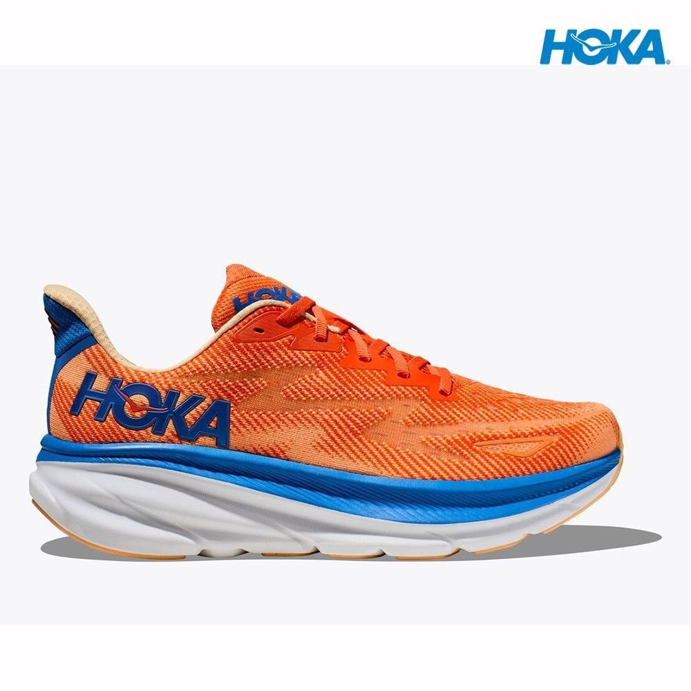 [ ขนาดยูโร ] HOKA Men 's Clifton 9 Wide Running Shoes Vibrant Orange/Impala SVK1