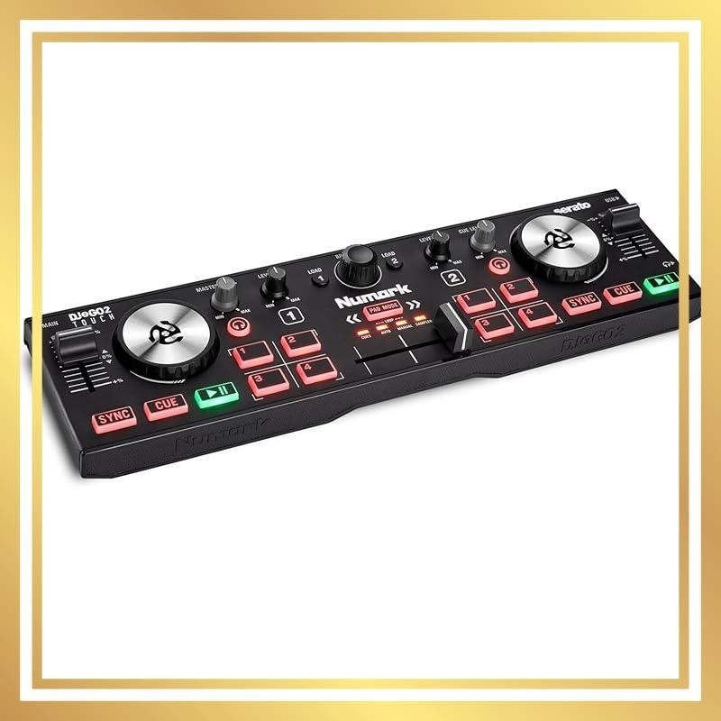 Numark DJ controller, portable DJ equipment with USB, 2 decks, touch sensor wheels, compact DJ mixer, Serato DJ Lite, built-in audio interface, Numark DJ2GO2 Touch.