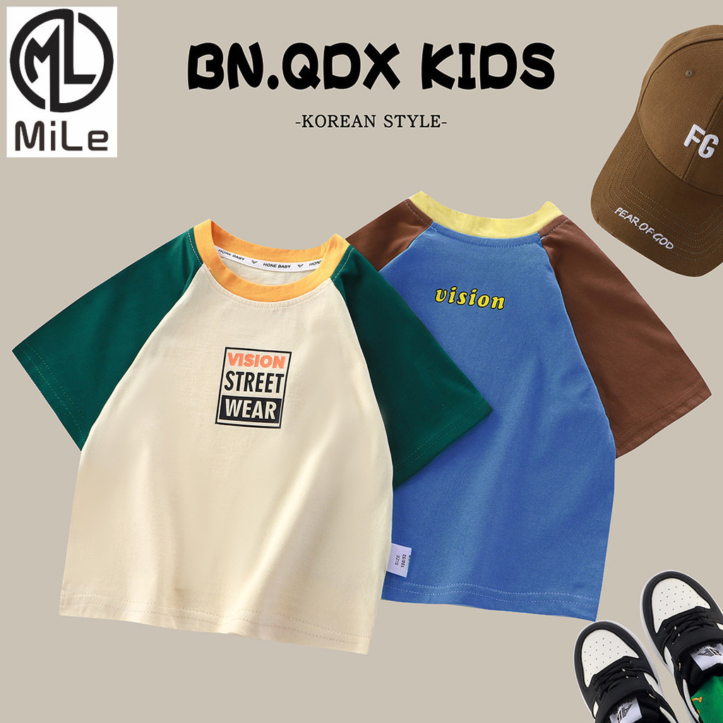 [ML] 80-160 ซม.เด็กฤดูร้อนผ้าฝ้ายแท้แขนสั้นเสื้อยืดขนาดกลางขนาดใหญ่เด็ก Color-Blocking แฟชั่น Top ชายหญิงผ้าฝ้าย T