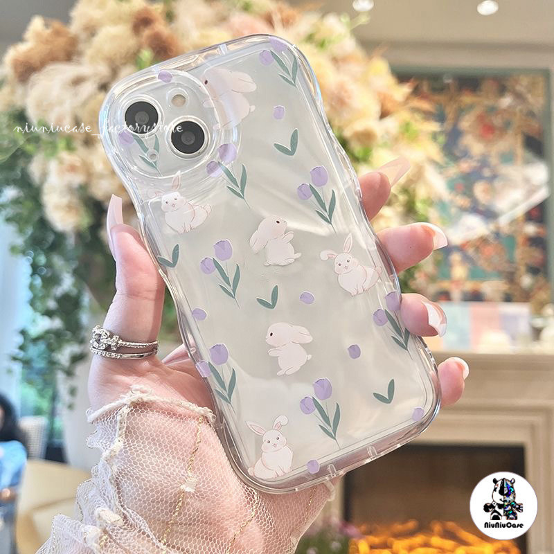 For iPhone 11 15 14 13 12 Pro MAX 7 8 Plus X XR XS MAX เคสโทรศัพท์มือถือ ดอกไม้กระต่ายจอ ขอบคลื่นรูปแบบการ์ตูนฟอง Soft