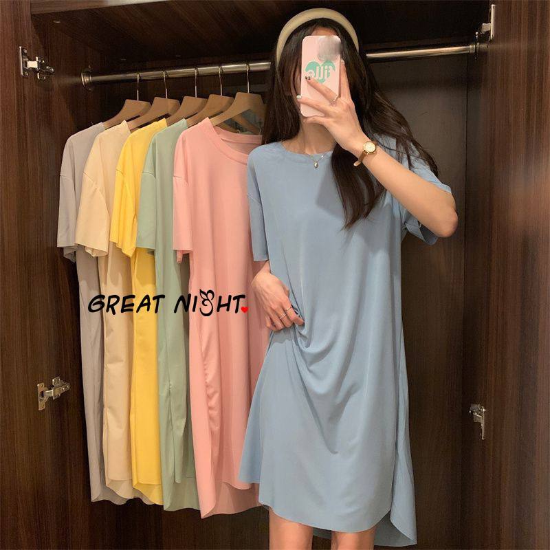 ชุดนอนผ้าไหมน้ำแข็ง ชุดนอน oversize ผู้หญิง 💕มีหลายสี ราคาถูก🚚ส่งไวจากไทย1-3วัน H9294