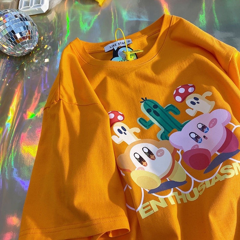 👕👕Kirby แฟชั่น เสื้อยืดแขนสั้นผ้าฝ้าย 100% ในเกม Kirby's Dream Land เวอร์ชั่นเกาหลีที่น่ารักที่สุด เ