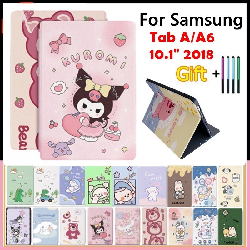สําหรับ Samsung Galaxy Tab A/A6 10.1 2016 SM-T580 SM-T585 เด็กน่ารักการ์ตูน Rubbit Kuromi สตรอเบอร์รี่หมีสมาร์ทขาตั้งสีชมพู PU หนังกันกระแทกฝาครอบ