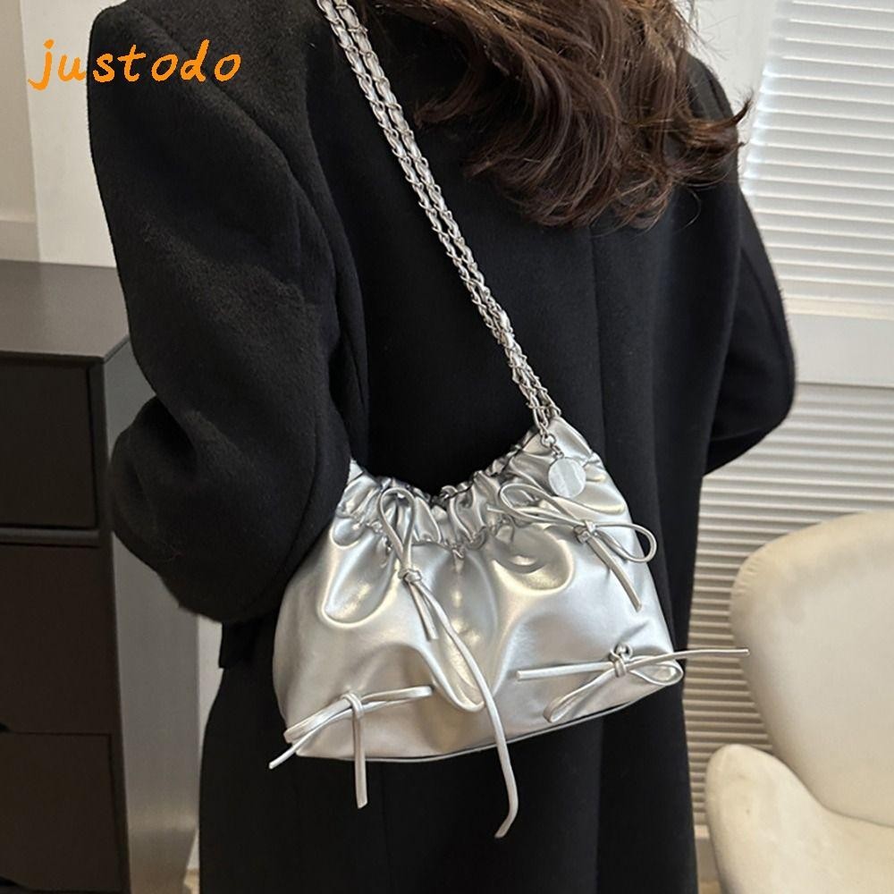 Justodo Plain Pleated Bag, All-match One-sided Pleated Design Women 's Shoulder Bag, Casual Plain Small PU Leather Bucket Bag Women