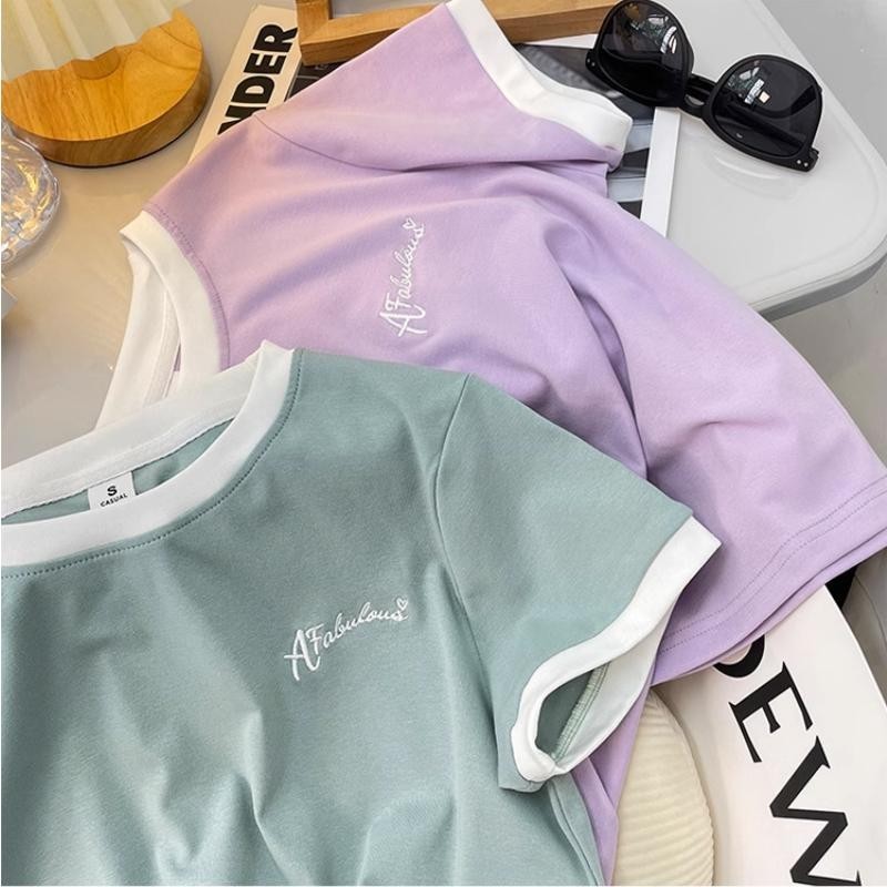 Solovely เสื้อผู้หญิง สไตล์เกาหลี ผ้าฝ้าย เสื้อ งานปัก เสื้อสะดือ คอกลม แขนสั้น เสื้อยืด