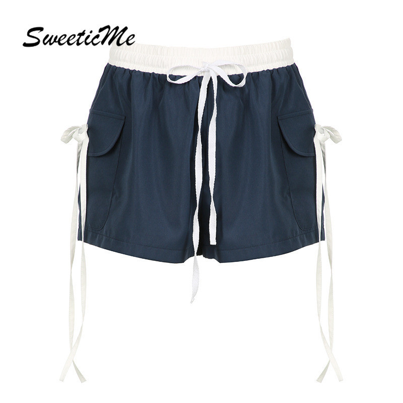 Sweeticme ผู ้ หญิง 2024 ใหม ่ แฟชั ่ น Contrast สีเอวยางยืด Basic Causal กางเกงขาสั ้ น