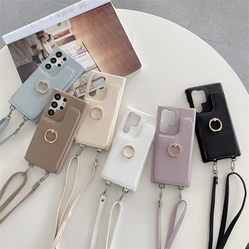 หนัง Lanyard กระจกใส่การ์ดกระเป๋าเคสโทรศัพท์สําหรับ Samsung Galaxy S25 Edge S24 Ultra S23 Fe S22 S21 Plus S23fe S24ultra S23ultra S22ultra S21ultra พร้อมแหวนฝาครอบ
