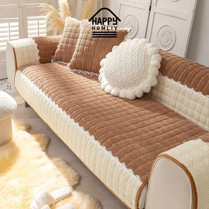 Happy HOMLIV รวมทุกอย่างเบาะตกแต่ง Anti-Cat Scratch เบาะโซฟา Anti-Slip Plush ผ้าคลุมโซฟาอเนกประสงค์ผ้าเช็ดตัว